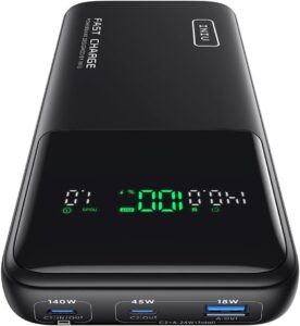 INIU 140W 27000mAh portable power bank with USB-C in/out and digital display for laptops and phones