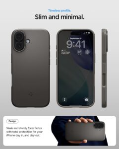 Spigen Thin Fit MagFit iPhone 17 case in gunmetal — TPU camera-control MagSafe cover