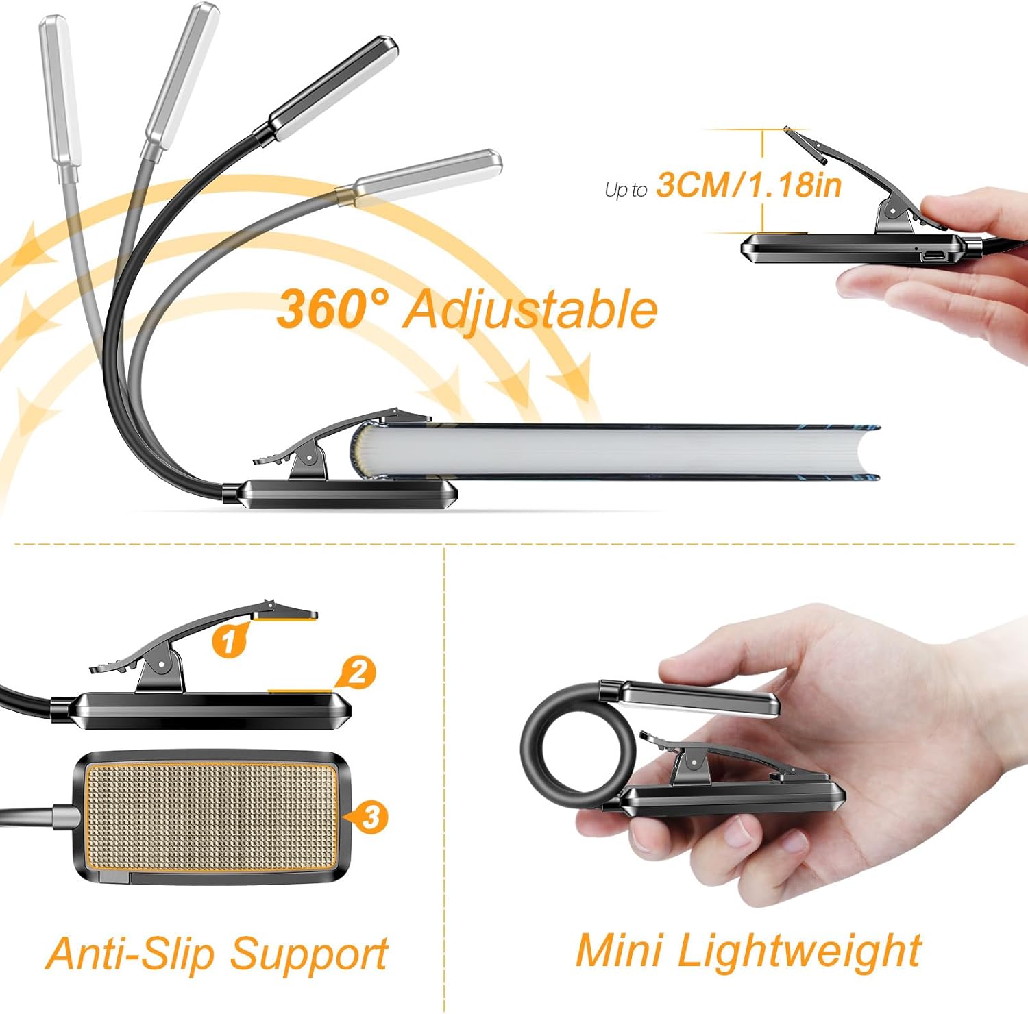 Gritin 9-LED rechargeable clip-on bedside book light — 3 color temps, stepless dimming
