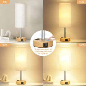 3-way touch dimmable bedside lamp with USB-C ports and AC outlet — wood base, fabric shade