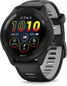 Garmin Forerunner 265 running smartwatch with colorful AMOLED display in black and powder gray