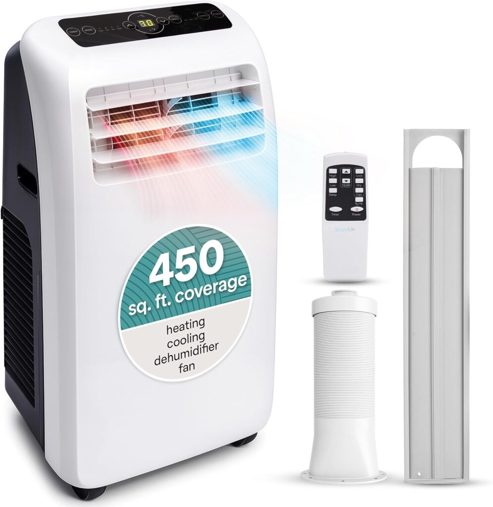 SereneLife Small Air Conditioner Portable 10,000 BTU with Built-in Dehumidifier + Heat - Portable AC unit for rooms up to 450 sq ft - Remote Control, Window Mount Exhaust Kit